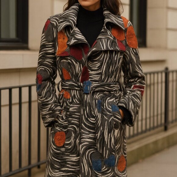 Vintage 1970s Abstract Belted Coat Sz S - Picture 1 of 8